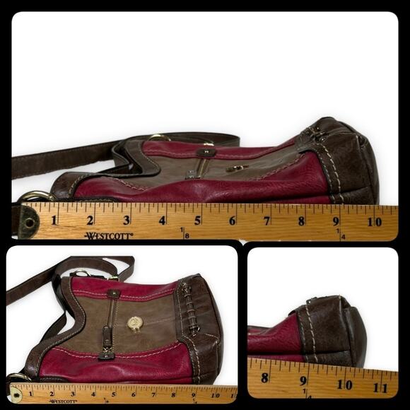 B.O.C. Cross Body Shoulder Bucket Bag Tote Purse Phone Charger Holder Red Brown - Picture 12 of 12